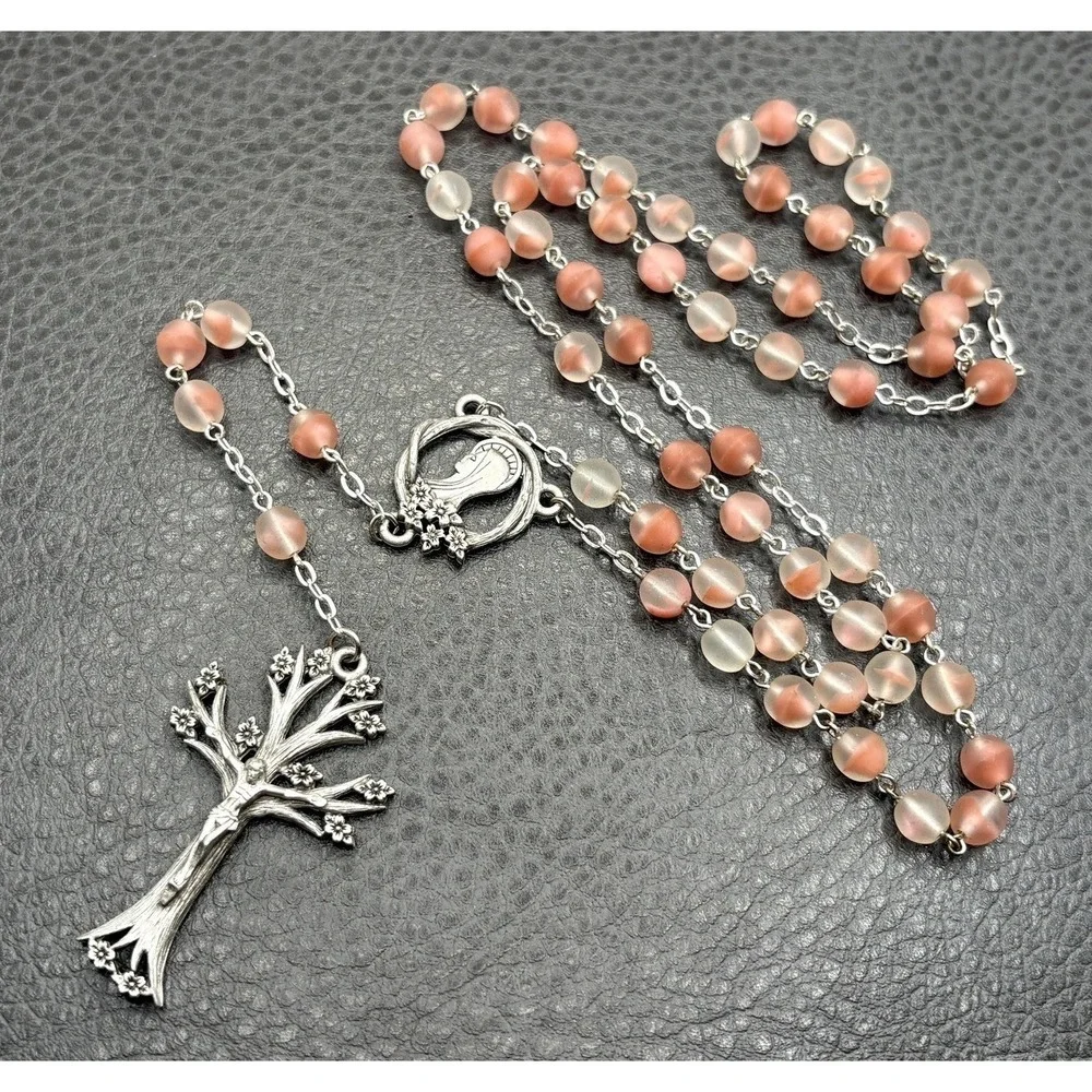 Dogwood Tree Pink Glass Rosary Bead Necklace Cross Pendant Silver Tone Boho